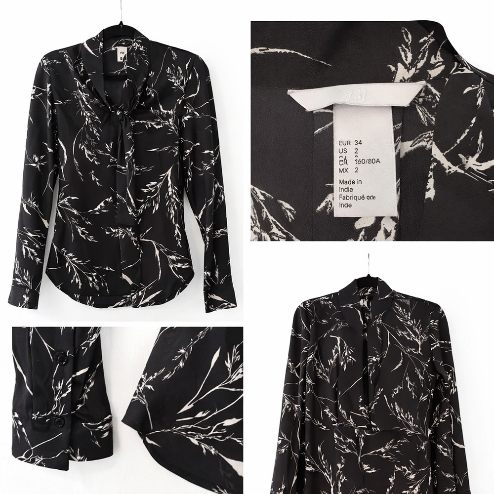 🐼 H&M Black & White Floral Tie Neck Blouse Size 2